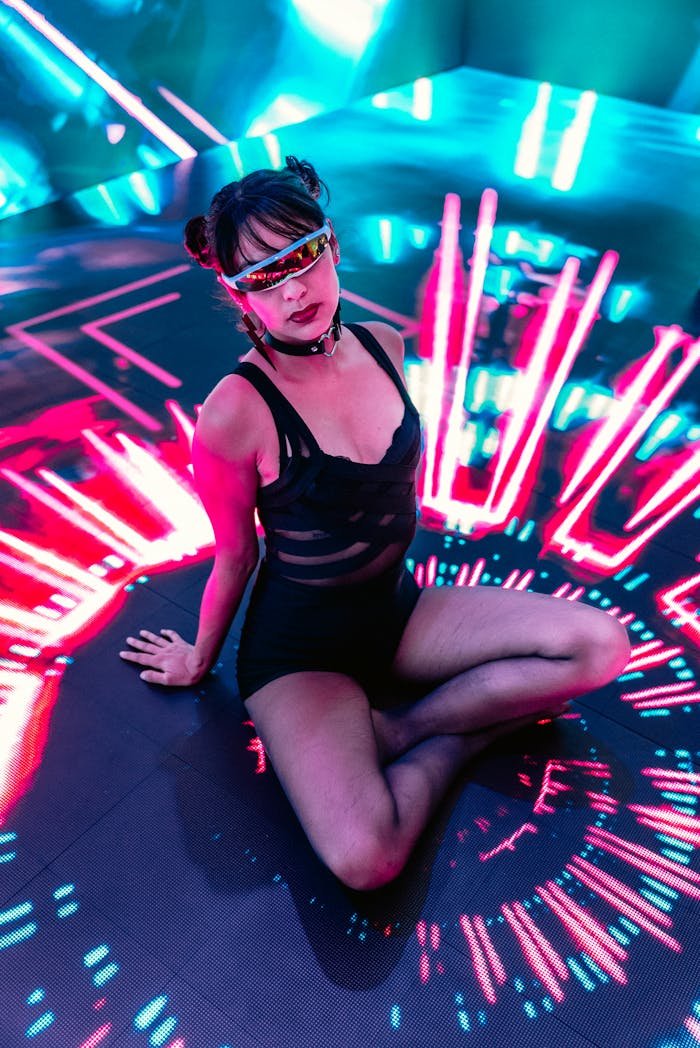 gallery-06 Energetic dancer in a neon-lit club with vibrant lights and futuristic vibes.